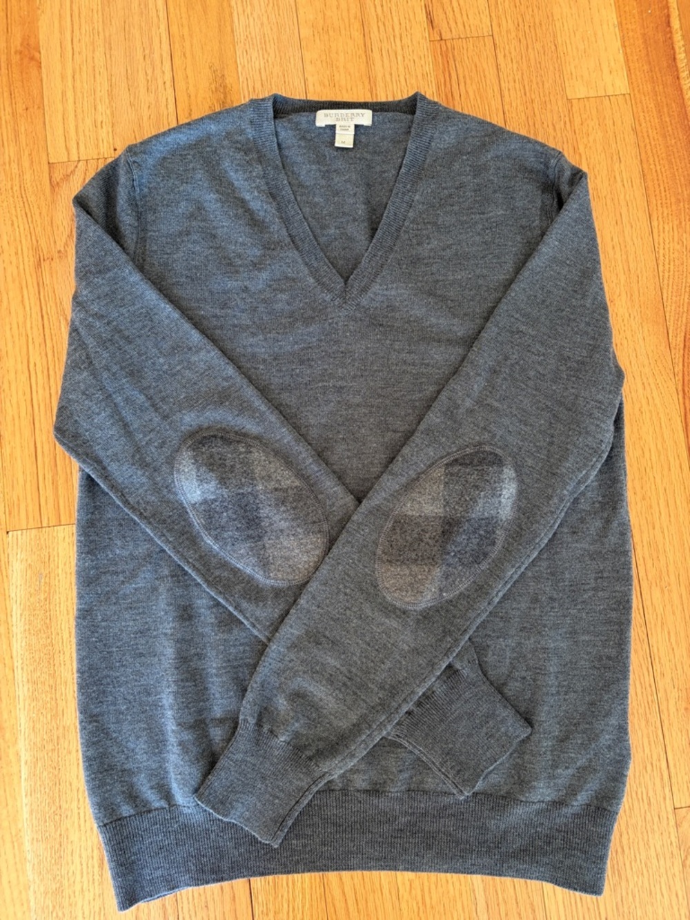 Mens Burberry Brit thin Charcoal Gray V-Neck Merino Sweater with Elbow Patches